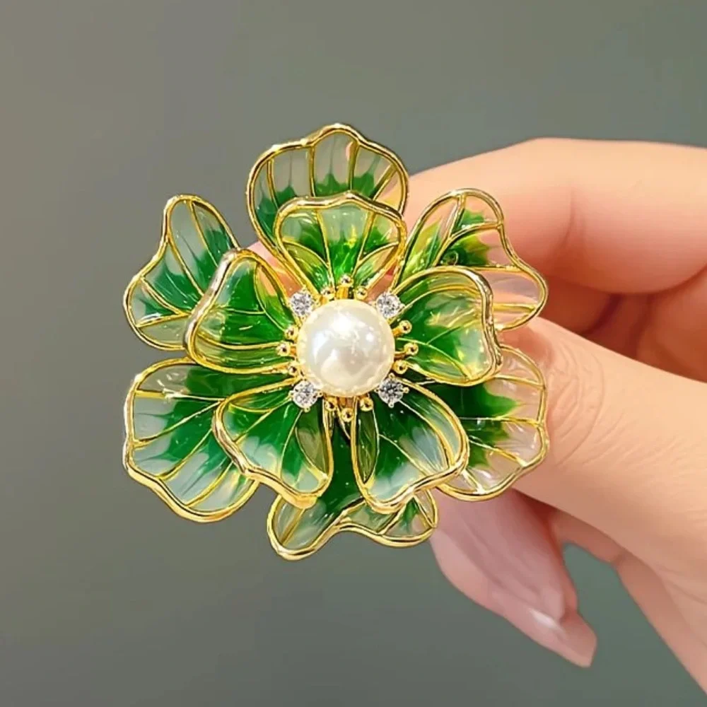 Green Enamel Flower Brooch Pearl Center Elegant Floral Statement Pin